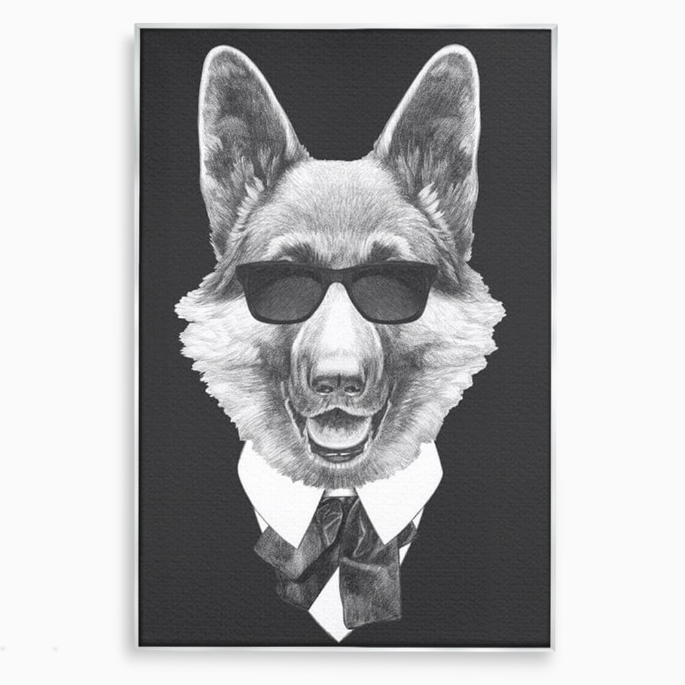 Tablou canvas cu portret ilustrativ caine gentleman, in rama de aluminiu argintiu